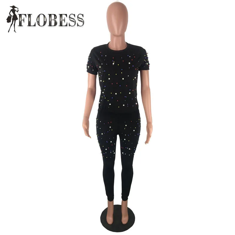 FLOBESS 2018 Women Fashion Rainbow Pearls Beading 2 Pieces Set T Shirt + Long Pants Casual Female Set Lady Club Suit FLOBESS 2018 Women Fashion Rainbow Pearls Beading 2 Pieces Set T Shirt + Long Pants Casual Female Set Lady Club Suit