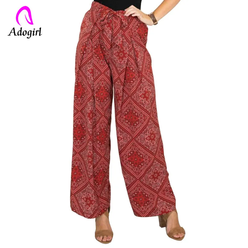 

Adogirl wine red patchwork drawstring long pants casual wide leg summer trousers high waist lady sashed pants