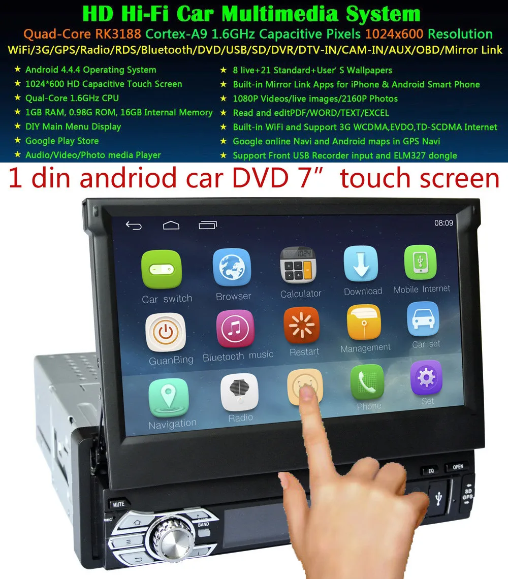 Top Free shipping 1 DIN andriod Car DVD / GPS /MP5/ MP3 / usb / player Bluetooth Handsfree Rearview after Touch screen hd system 2