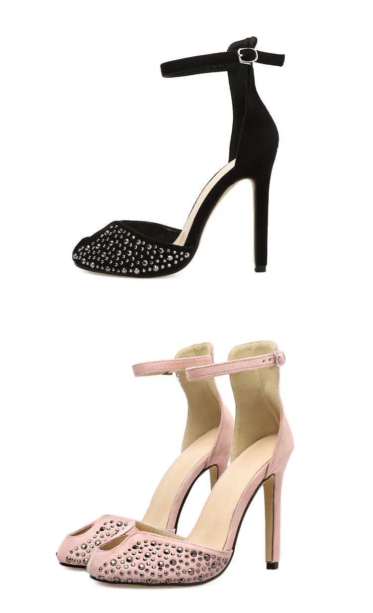 Aneikeh/ г. Замшевая обувь Босоножки с открытым носком на высоком каблуке, с ремешком на щиколотке, с заклепками женские модельные туфли-лодочки с вырезами, украшенные кристаллами размер 35-40, черный цвет
