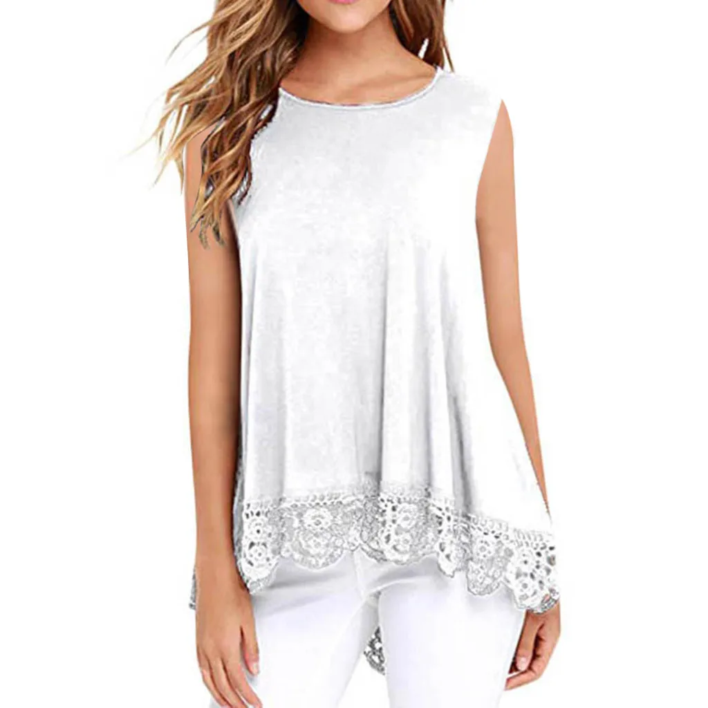 

CHAMSGEND Women Lace Sleeveless Blouse 2019 Summer O-Neck Casual Print Top Fashion Slim Loose Cotton Blouse White Shirt Fe18