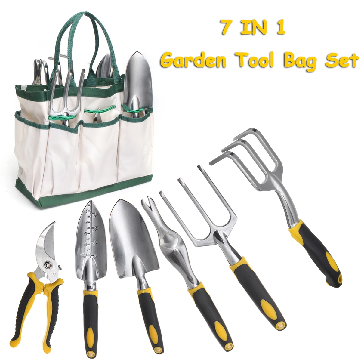 

7Pcs Garden Tool Set Stainless Steel Tool Set Planting Tools Pliers with Folding Bag Fork Trowel Soil Scoop Culti