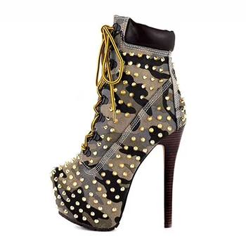 

Autumn Winter Fashion Women's Boots 14CM Fine High Heels Beautiful Rivets Decorative Cross Strap Water Platform Women's Boots