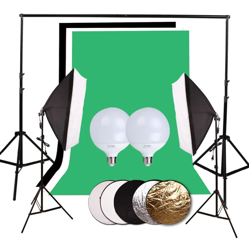 

photographic studio equipment 2.8x3m background+3x1.6x3m non-woven+two LED lamp+2 Light box+2 tripod 60CM 5 in 1 reflector