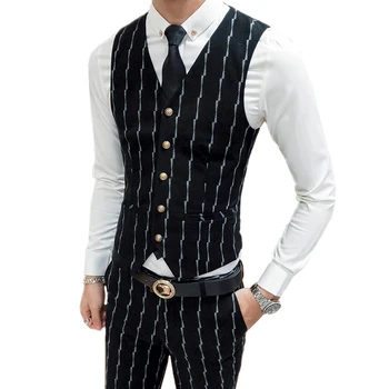 

2019 Autumn Black stripe vest men + pants Asia size S M L XL XXL XXXL high quality waistcoat men pant Cotton