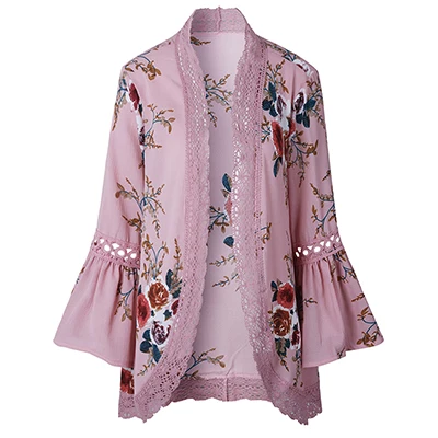 Efvandoloe женская блузка кимоно кардиган с принтом кружевная рубашка размера плюс Топ Женская одежда - Цвет: Розовый
