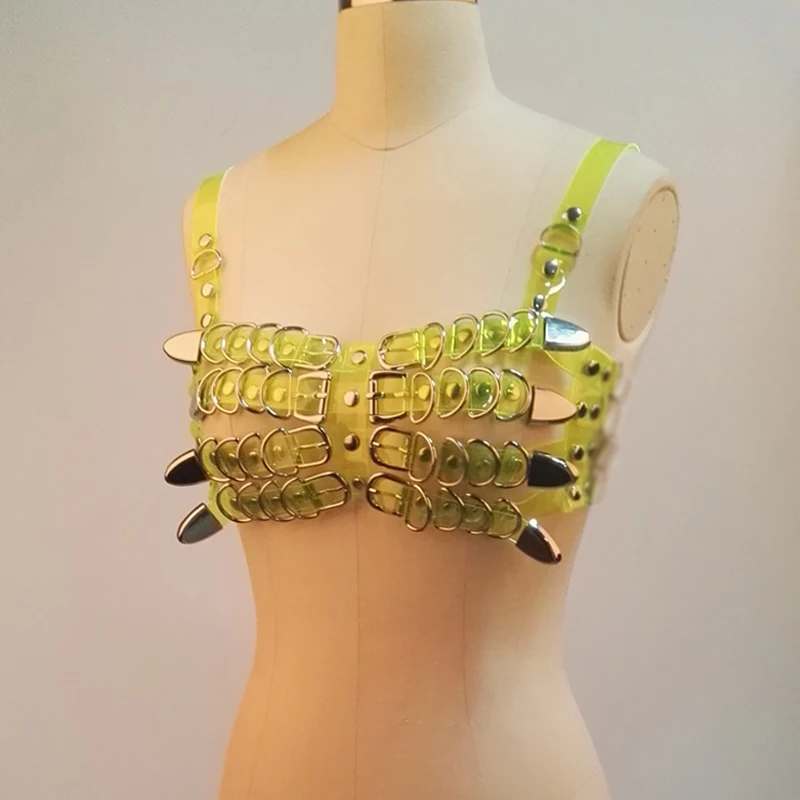 

100% Handmade Sexy 4 Row Caged Bra Top Heavy Duty Neon Green PVC Bra Top Punk Harness Punk Gothic Cosplay Dancing Performer Belt
