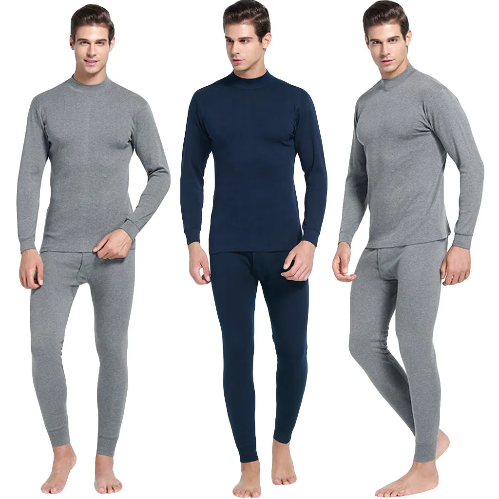 

Men's Casual Thermal Underwear Middle Collar Pure Color Suit shirt+pants 2 piece set Warm thick plus velvet Clothing #VD12127