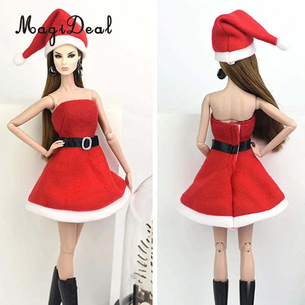 Lovely Christmas Costume Garment For Barbie for Azone for Licca Doll Off Shoulder Dress Jacket Hat Party Outfit