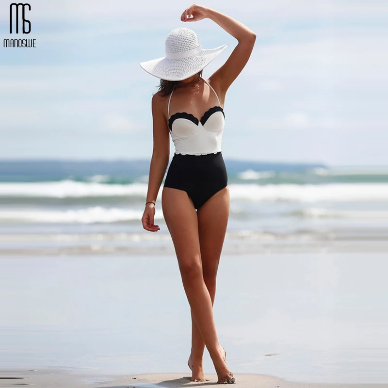 

Manoswe The New Women's One Piece Swimsuit Sexy Quick Drying Push Up Beachwear Black White Lace Beach Holiday Brazilian Biquini
