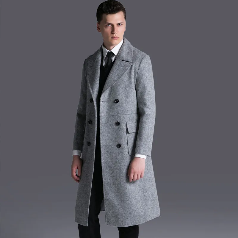 Британский стиль мужская шерстяное пальто мужчины Тренч брендовая одежда отложной воротник полушерстяные двубортный бушлат плюс Размеры