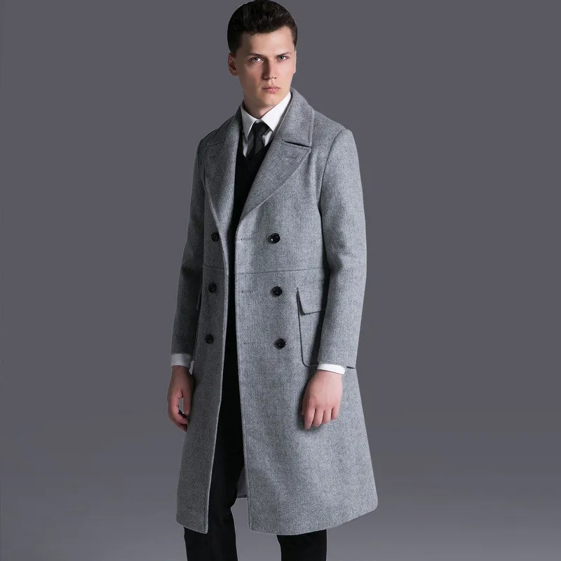 

British style men's wool coat men trench Brand Clothing Turn-down Collar Wool Blend Double Breasted Pea Coat Plus Size S-6XL