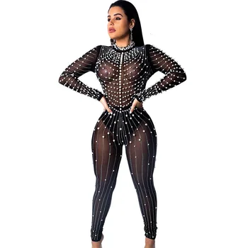 

New 2019 Summer Women Sexy Sequin Jumpsuits See-through Long Sleeve Zipper Diamonds Bodysuits Playsuit Club Beading Party Outfit