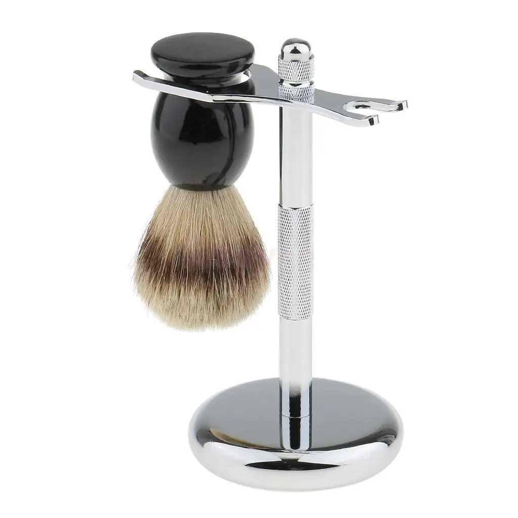 Stainless Steel Removable Double Edge Razors Straight Holder Stand with Bristle Facial Neck Hair