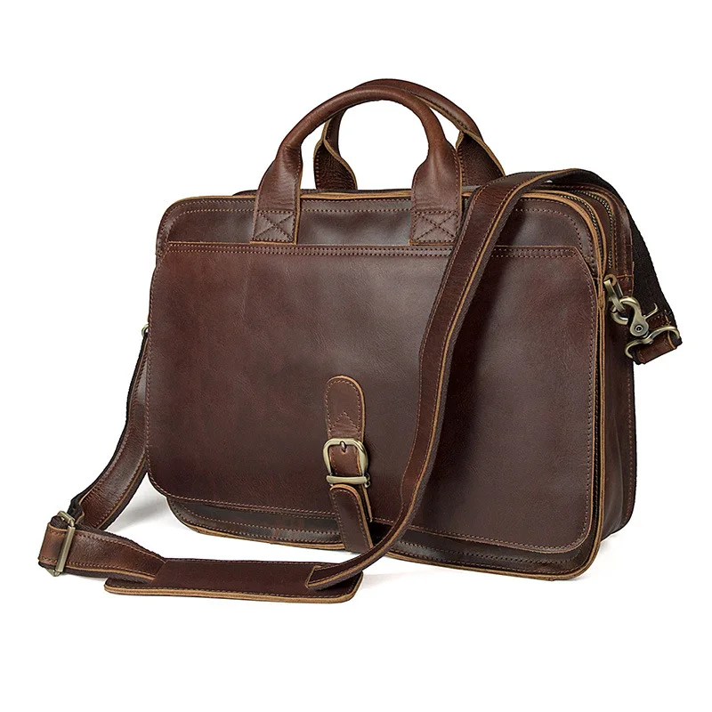 

Vintage Thick Genuine Leather Men Messenger Bags Brown Business 14" Laptop Portfolios Briefcase Men's Shoulder Bag M6020