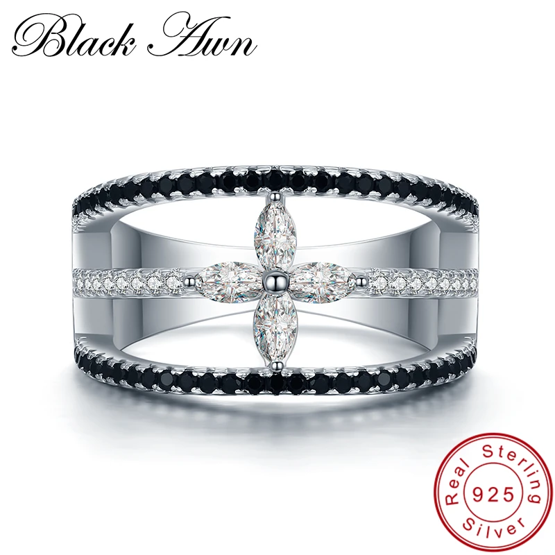 

[BLACK AWN] Real 925 Sterling Silver Black Spinel Four-leaf Flower Finger Elegant Rings for Women Silver 925 Jewelry Gift G004