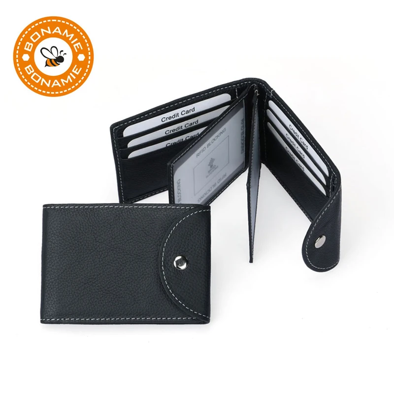 

BONAMIE Functional Black Men Business Credit Card ID Holder Thin Driver License Holder Genuine Leather Hasp Fold Wallet Cowhide