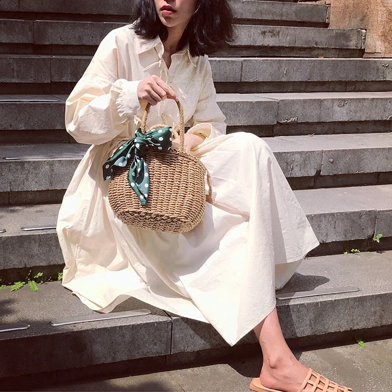 

2019 Hand-woven Summer Pure Straw Bag Beach Scarf Woven Handbags Causal Shoulder Bags for Women Boho Shopping Tote