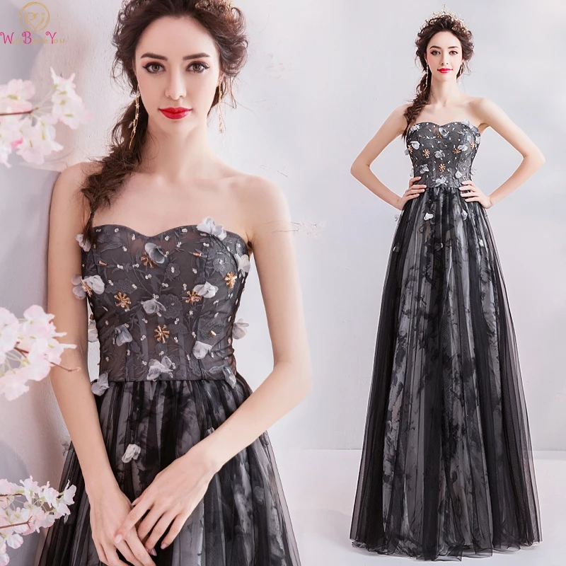 

Black Evening Dresses 2019 New Illision Sleeveless Sweetheart Neck Abendkleider A Line Formal Lace Up Prom Dress Walk Beside You