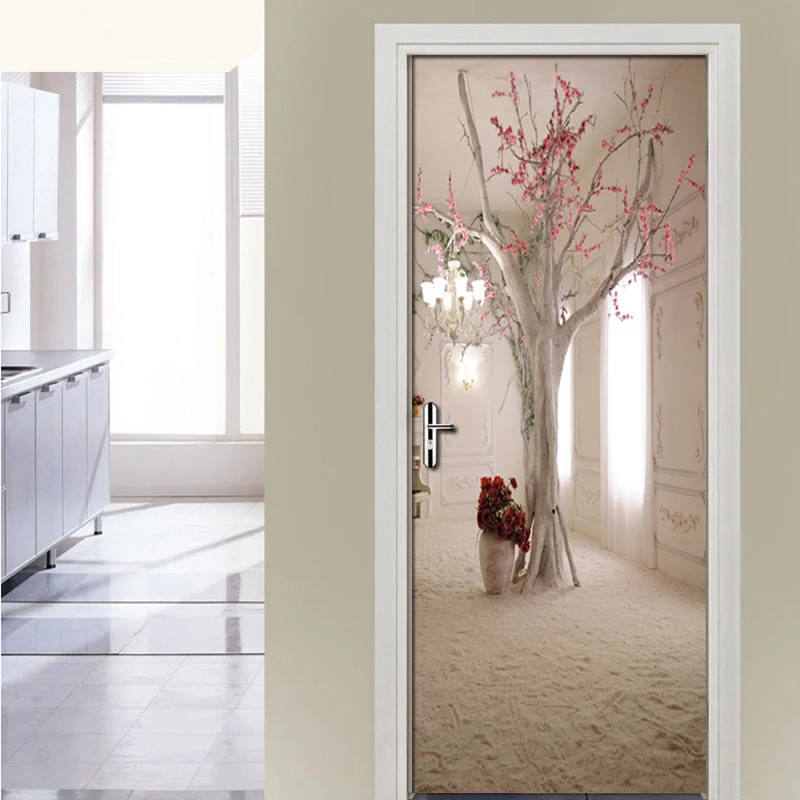 3D Space Floral Tree Mural Wall Roll Living Room Bedroom Door Sticker Mural Door Decoration Wallpaper Self Adhesive Wallpaper 3D