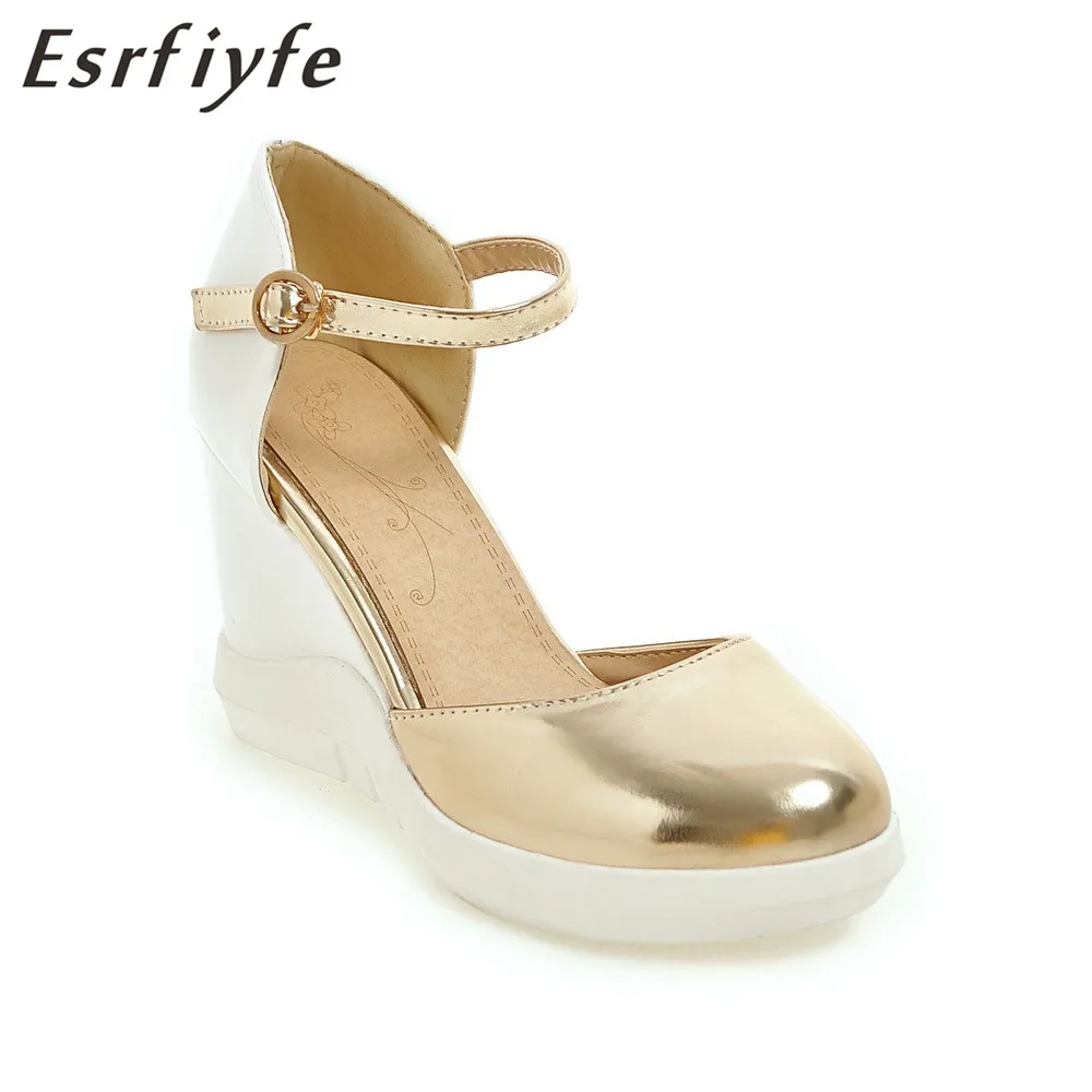 

ESRFIYFE 2018 New Women Sandals High Heels Wedge Platform Women Shoes Gold Silver Peep Toe PU Leather Ladies Casuals Shoes