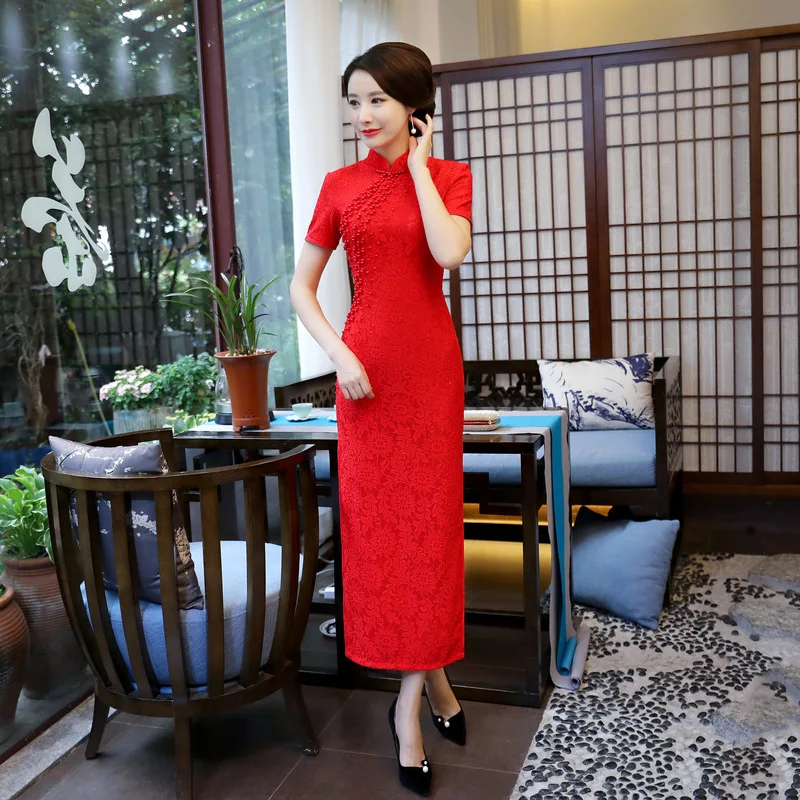 

New Red Chinese Style Bride Bridesmaid Dress Elegant Women Lace Sexy Cheongsam Vintage Mandarin Collar Slim Qipao S-XXXL