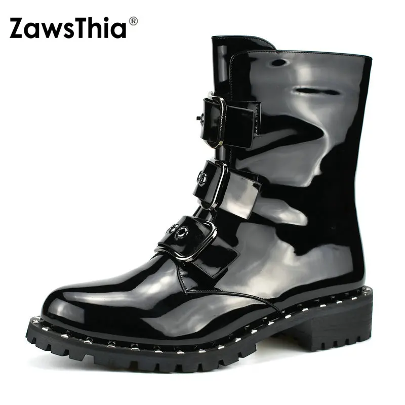 

ZawsThia punk gothic patent PU leather high quality woman boots bucke strap rivets studded chunky low heels women ankle boots