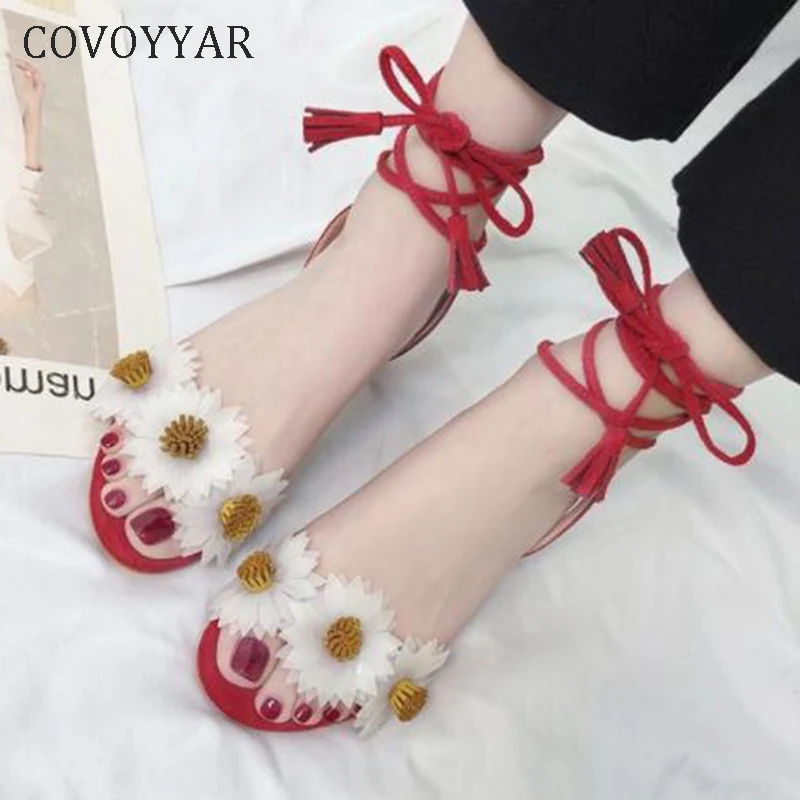 

COVOYYAR 2019 Thick Heeled Women Sandals Bohemian Lace Up Lady Gladiator Sandals Flower Pumps Ankle Warp High Heels WHH163