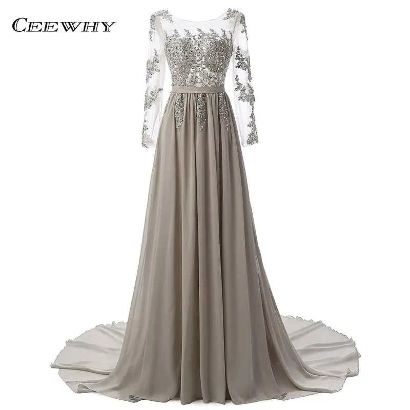 CEEWHY Custom Size Embroidery Court Train Robe de Soiree Crystal Chiffon Evening Dress Long Sleeve Prom Party Dress 2017 Plus