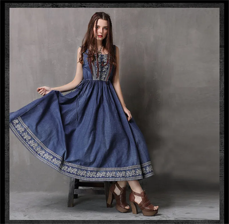 Vintage Summer Dress 2018 Cotton Women denim Dress Embroidery Dress Sleeveless  Tank Dresses O-Neck Floral Vestidos Femininos (5)