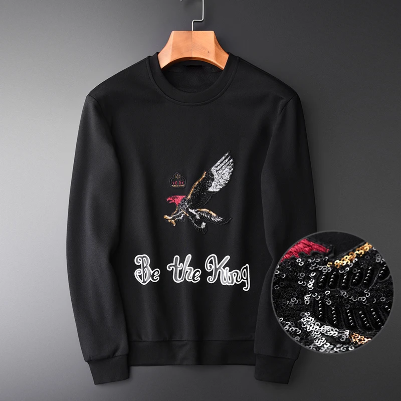 

Minglu Handmade Beaded Sweatshirt Men Luxury Eagle Sequin Embroidered Sweatshirts Men Plus Size 4XL Round Neck sweatshirt Male