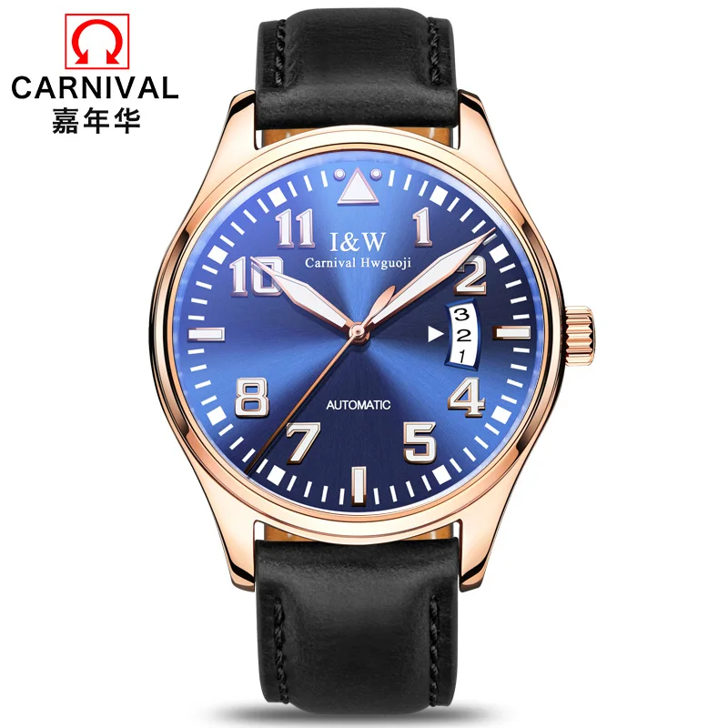 

Skeleton watch CARNIVAL brand new HD Luminous Watch men Fashion Automatic Watch With Leather band Calendar Mechanical watches
