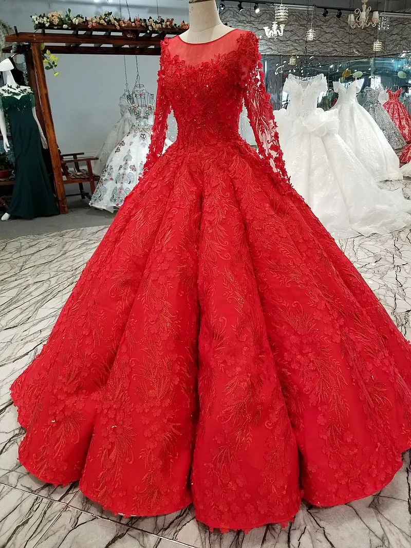 2018 Новый Индонезии мусульманское Красный Кружева Совок винтажные Свадебные платья длиной до пола, Кружева волны бальное платье Vestido De Noiva