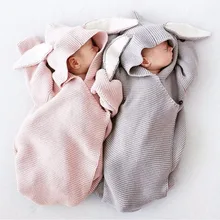 Buy Newborn Baby Hooded Blanket Cartoon Rabbit Ear Swaddling Infant Kids Sleeping Bag Soft Solid Wrap Knitted Photography Prop Free Shipping