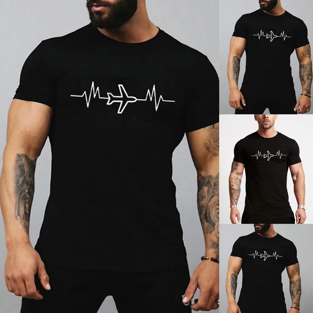 

New Solid Color funny t shirts Men's Summer New Cartoon Aircraft Printed Round-Collar Comfortable T-shirt Top streetwear #C