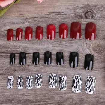 

24pcs Black Red Short False Nails Full Tips Nail Art Sticker Nail Tool Display