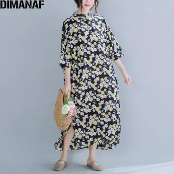 

DIMANAF Plus Size Women Summer Dress Linen Flower Button Female Vestidos Vintage Casual Holiday Loose Oversized Dresses Sundress