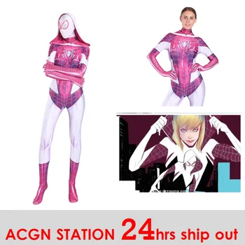 

Women Spider-Gwen Cosplay Costumes Spandex White Red Hoodies with Headgear Costumes Suitable for Halloween 24 Hrs Shipped Out