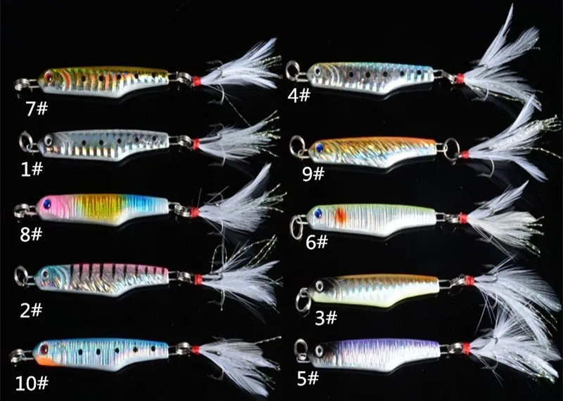 1 Piece 5.7cm 15.7g Heavy Metal Jigging Lures with Feather Tail Long Spoon Laser Surface Isca Artificial Lure Bait 10 Colors New 