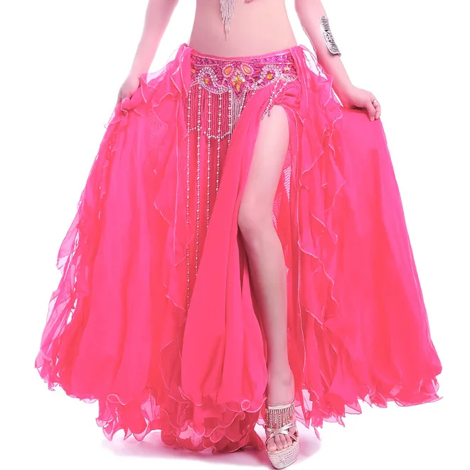 Костюм для танца живота 2 слоя с разрезом юбка платья профессиональная юбка для танца живота Новинка 12 цветов