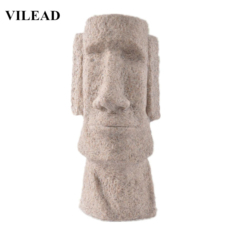 

VILEAD 4.9" 9.4" Sandstone Stone Easter Island Moai Statuettes Pukao Figurines Easter Day Sculptures Creative Vintage Home Decor