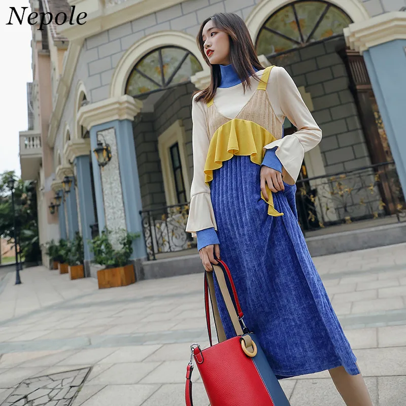 

Neploe Fashion Two Pieces Set Knitted Turtle Neck Sweater+Dress Ruffles Women Suits 2019 Spring Autumn Panelled Chic Suit 69438
