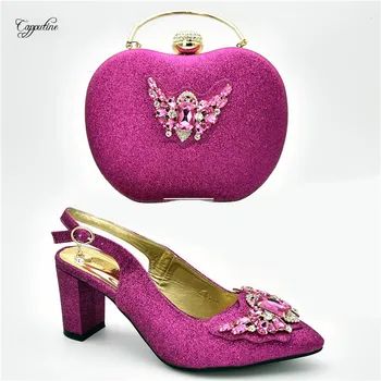 

Elegant fuchsia pointed toe high heel shoes and purse bag set with stones for wedding 108-3 heel height 7cm