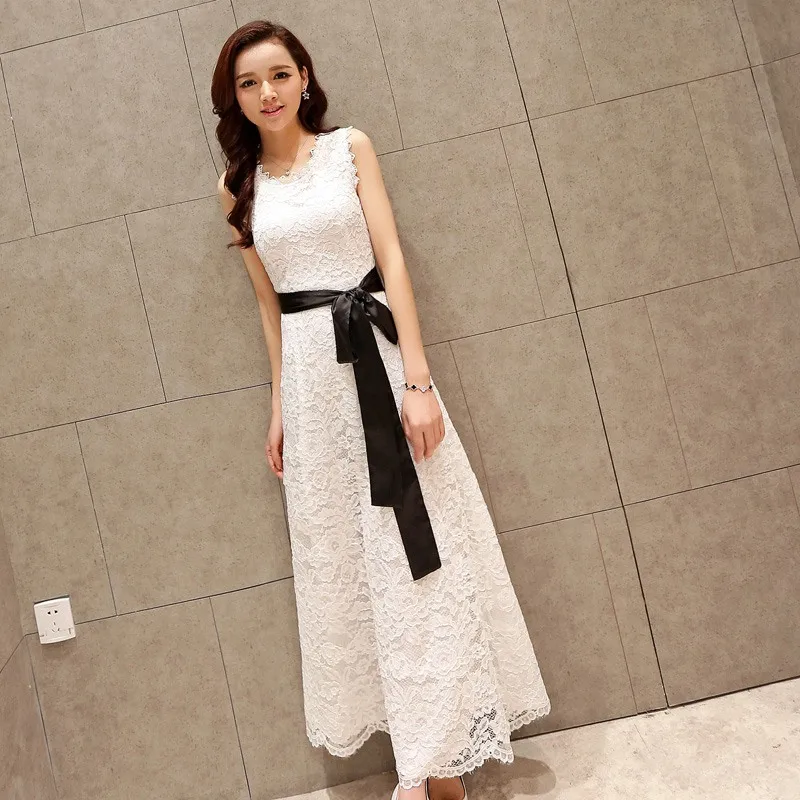 

Sweet Bohemian Lace Sleeveless Women Dresses Lace-Up Waist Tie A-Line Long Sleek Loose Dress Sexy Elegant Summer Dress 2019 New