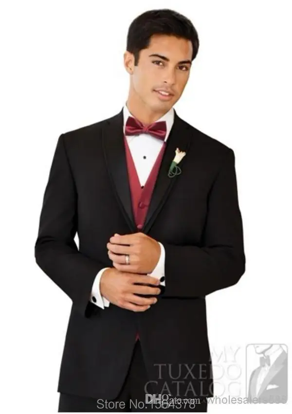 New Style Two Buttons Groom Tuxedos Black Best man Notch Satin Lapel Groomsman Men Wedding Suits Bridegroom Jacket+Pants+Tie+GirdleJ320