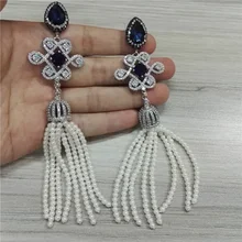 luxury bohemia boho 8 rows pearl beads tassel cz zircon dark blue crystal bird cage knot long dangle earring for women wedding