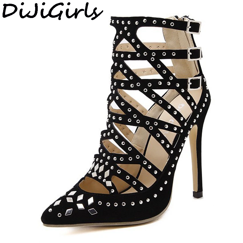 

DiJiGirls Women Ankle Boots Punk Rivets Studded Cut Out Bootie Summer Woman High Heel Stiletto Pumps Sexy Fetish Shoes Sandals