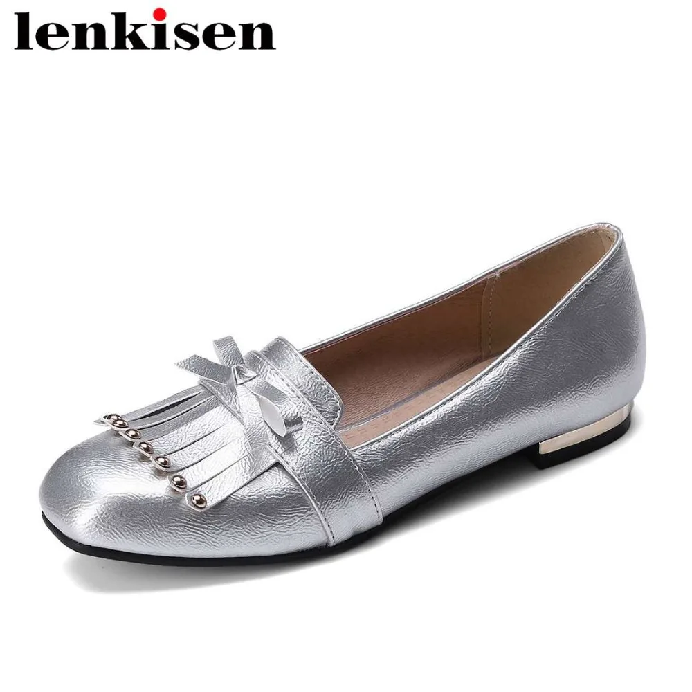 

Lenkisen preppy style pu square toe slip on large size causal shoes pop bow-knot solid mature Korean girls young women flats L43