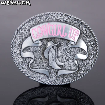 

5 Pcs MOQ WesBuck Brand Western Cowgirl Up Belt Buckle With Pattern Metal Leather Belt Accessories Jewelry For 4cm Wideth Belt