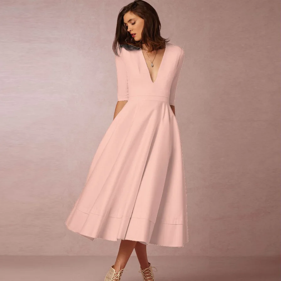 

Vintage Women Midi Party Dresses Elegant Solid Summer Boho Beach Dress Loose Half Sleeve V Neck Vestidos Plus Size